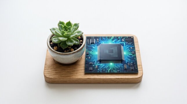 Microchip processor with glowing blue circuitry resting beside a green succulent plant on a wooden tray, suitable for eco-friendly technology, sustainable computing, and green AI concepts.
