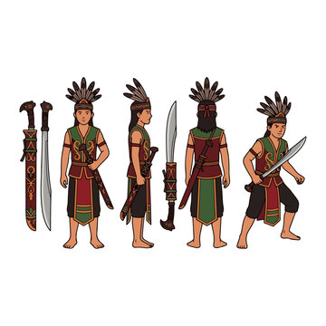Indonesian Dayak warrior from Borneo wearing traditional costume with mandau sword and tribal headdress for indigenous culture character design.