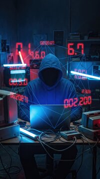 hacker theif robbery and terrorist man in hoodie is hacking coding an computer laptop to attack data server network system online in technology internet security concept, y2k scifi cyberpunk theme 