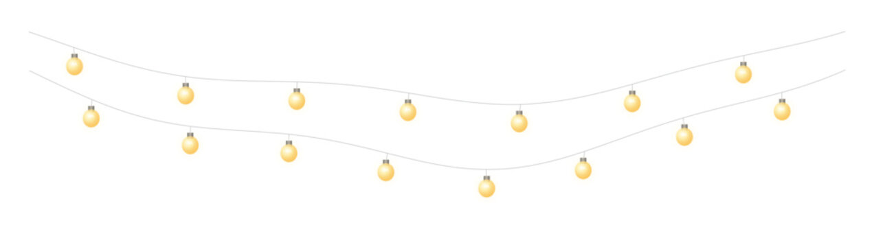 String lights garland with glowing yellow bulbs hanging on wires on white background, festive party light decoration border