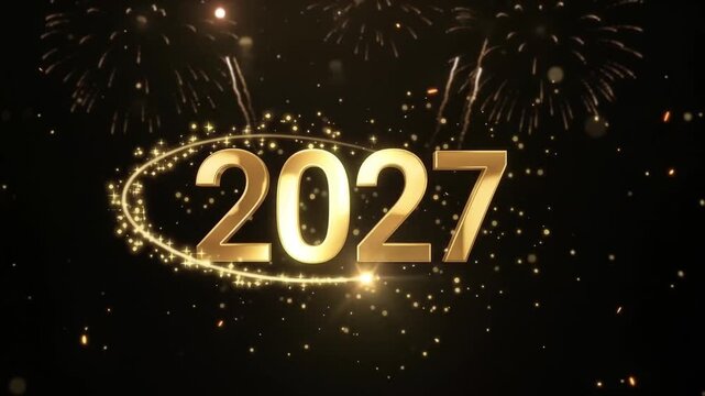 Elegant Golden 2027 New Year Celebration with Fireworks, Sparkling Particles and Glowing Light Trails on Black Background