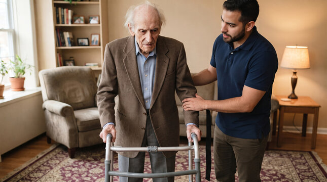 Caregiver helping senior man with walking frame in living room