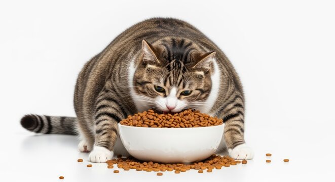 A large, tabby cat intensely focuses on a bowl of dry cat food. The cat is positioned low to the ground, with its head bowed and its eyes fixed on the food.