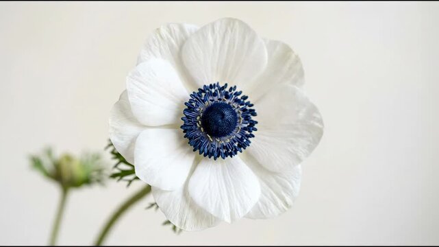 A white flower blooms with a blue center. It stands in a garden setting. The petals are broad and flat. The flower is well lit and shows clear