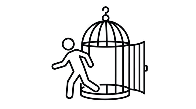 Person escaping from open bird cage icon isolated on transparent