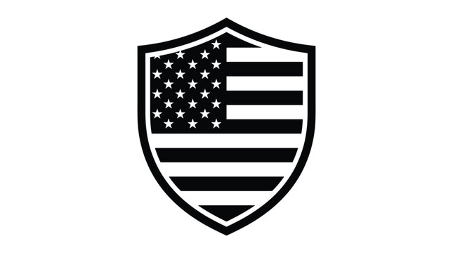 Black and white shield icon featuring the united states flag pattern with stars and stripes, isolated on a white background