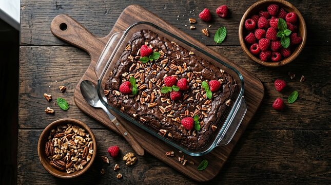 Glass baking dish with chocolate brownie topped with nuts berries and mint on wooden board with leaves wooden cutting chopped nuts fresh choppednuts leafgarnish nutritious appetizing vegetarian