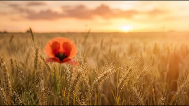 A poppy flower stands alone in a wheat field during sunset. The sun sets in the background, casting warm light across the scene
