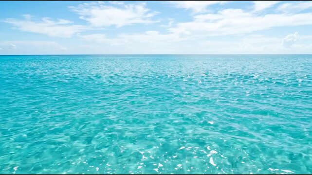 Clear blue water stretches across the horizon under a bright sky with few clouds. The waves gently ripple in the sunlight. It is a tranquil scene at