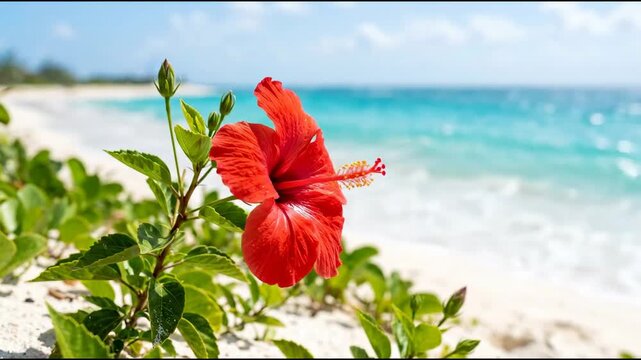 A red hibiscus flower stands out among green leaves on a sunny beach. Blue ocean waves crash on the sandy shore, creating a bright and lively