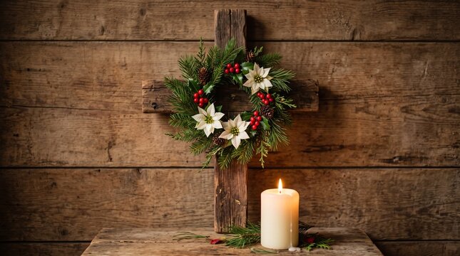 Rustic Wooden Christmas Cross Adorned with Pine Branch Wreath, Red Holly Berries, and White Poinsettia Flowers for Religious Holiday Decor