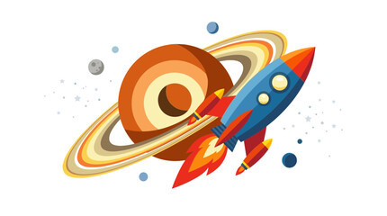 Cartoon Rocket Ship Flying Near Saturn Planet Illustration © Untung