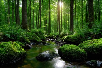 Fototapeta premium Lush green forest with a serene flowing stream