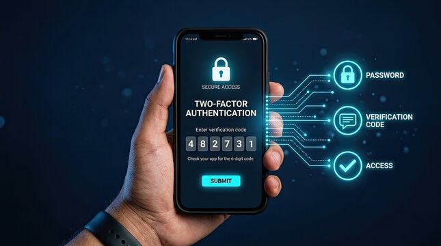 Hand holding smartphone displaying two factor authentication verification code entry screen with security icons with authentication process requiring code secure access electronic verification lock