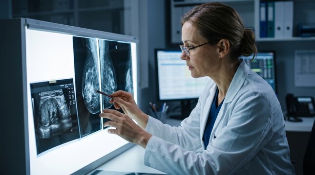 Physician reviewing breast mammograms on medical imaging display in radiology clinic. Breast cancer screening and diagnostic imaging. Womens healthcare and early detection.