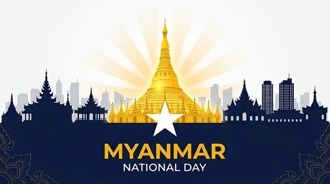 Illustrated myanmar national day celebration with golden pagoda and city skyline at sunrise with cityscape celebrating myanmar graphic design highlights day sunburst effect illustration silhouette