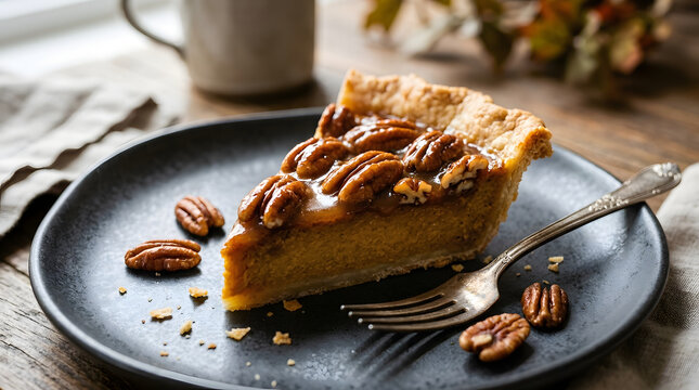 Slice of Pecan Pie Heaven: A delectable slice of pecan pie, adorned with whole pecans and a glistening glaze, rests on a dark plate, promising a sweet indulgence.