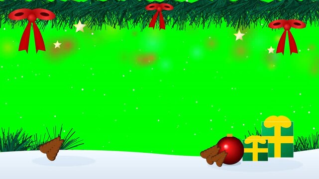 Chroma key green screen overlay of a festive holiday window frame. Features a snowy bottom ledge with green gift boxes, top pine border with swaying red ribbons, golden stars, and twinkling bokeh ligh