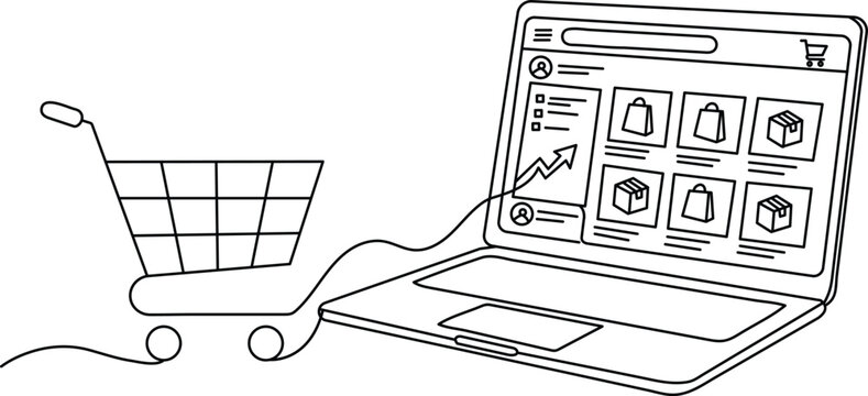  laptop displaying an online storefront with a shopping cart beside it, digital marketplace concept