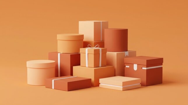 Minimalist composition of orange gift boxes on orange background