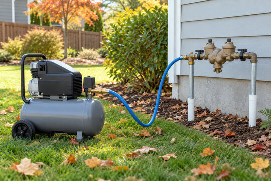 Air compressor connected by hose to lawn irrigation backflow preventer - sprinkler winterization blowout service