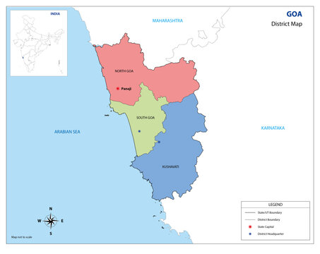 Goa District Map Showing North and South Goa Administrative Vector