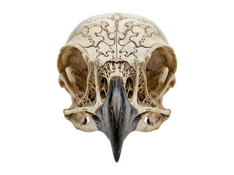 Front view of an intricate owl skull with detailed bone structure and dark beak isolated on transparent background