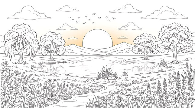 Serene landscape with rising sun and detailed forest sketch illustration