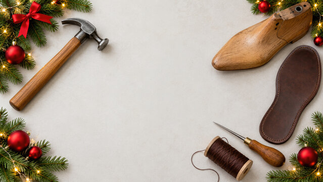 Cobbler hammer shoe last leather sole and awl with fir branches flat lay - Christmas shoe repair and cobbler background