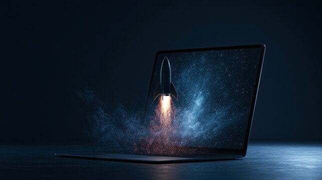 Rocket launching from laptop screen in dark space symbolizing startup and innovation