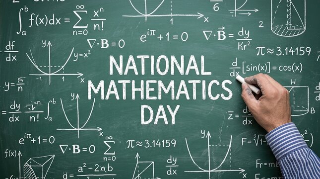 Hand writing national mathematics day text and equations on chalkboard filled with math symbols with mathematical formulas chalkboard covered equations graphs writes national mathematician algebra