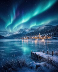 Fototapeta premium Aurora borealis above snowy alpine village and frozen lake