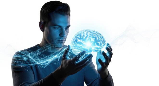 A young man with dark hair and a serious expression holds a glowing, digital representation of a brain in his hands.