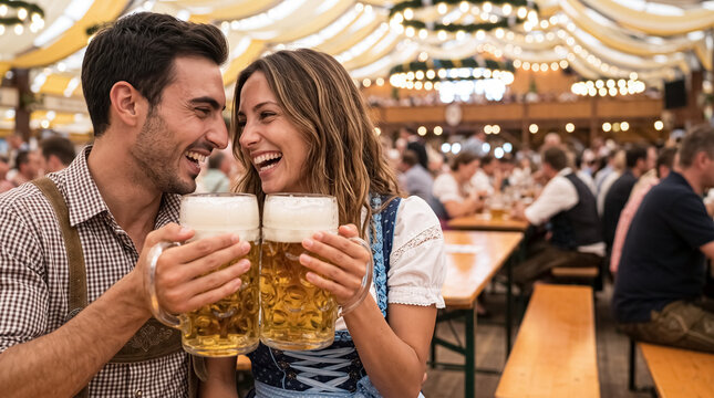 Happy Young Couple Toasting with Big Beer Mugs at beer Festival