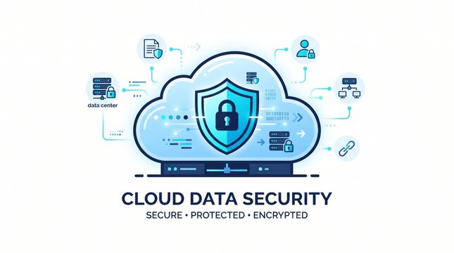 Cloud security shield protects data in connected network. Cybersecurity, encryption and privacy concept. Secure cloud storage and data center protection. Digital technology illustration.