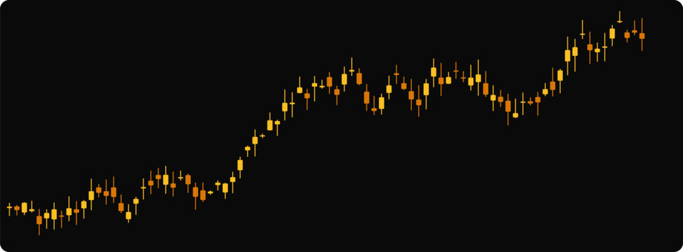 Orange stock market candlestick chart on black background showing volatile financial trading.