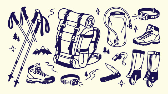 Hiking and outdoor adventure gear equipment icon