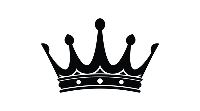 Black silhouette of a royal crown with five points, circular ornaments, and a thick base band on a plain white background, icon