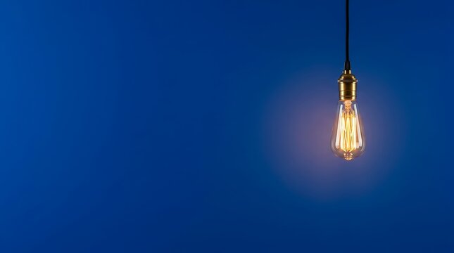 Glowing edison light bulb hanging against a solid blue background for