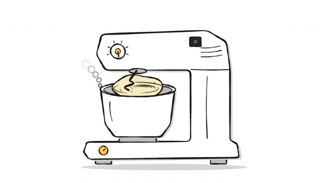 Seamless 6-second 4K loop of a hand drawn ink stand mixer kneading bread dough. The dough hook orbits and spins inside a mixing bowl while the dough blob stretches, climbs the hook and rolls, curved s