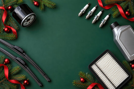 Oil filter air filter spark plugs and wiper blades on dark green with red ribbon - Christmas auto parts flat lay