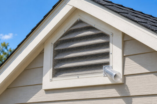 One-way bat exclusion tube on screened gable vent of house - humane bat removal and wildlife control