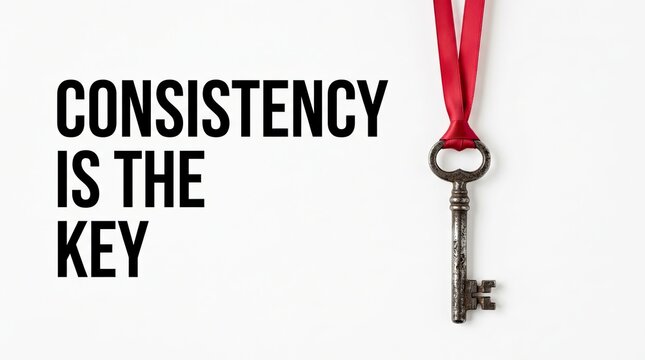 Key hanging from ribbon illustrating consistency as the key to success in professional setting with Key attached red ribbon emphasizes importance consistency achieving goals achievement oriented