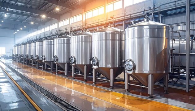 Industrial stainless steel fermentation tanks in a modern brewery, showcasing a clean manufacturing process and advanced technology.