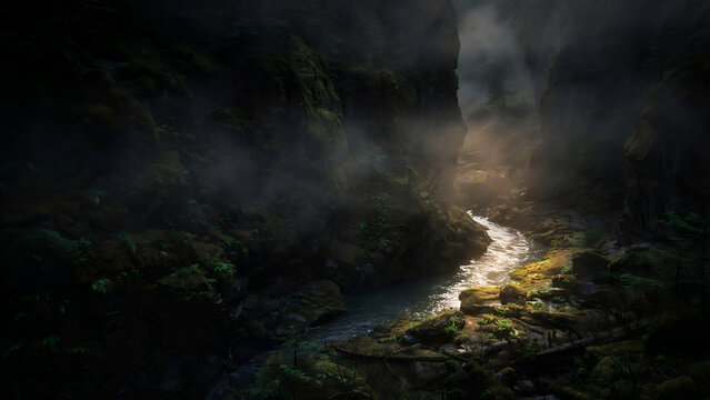 mysterious forest stream glowing with warm sunlight breaking through misty rock archway in twilight
