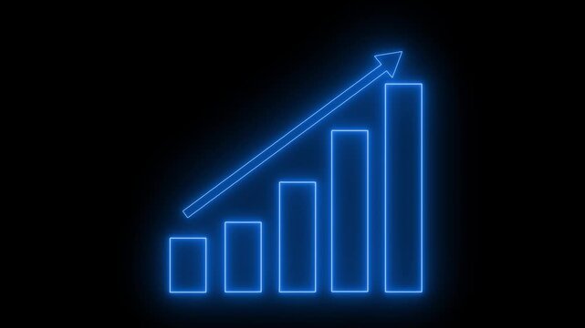 Neon upward bar chart with five bars and diagonal arrow on black background animation