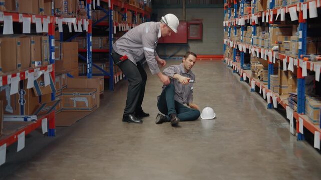 Warehouse worker assists an injured colleague sitting on the floor after an apparent workplace accident inside a storage facility.
