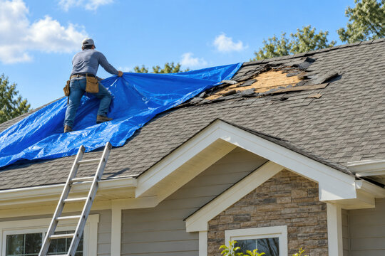 Roofer pulling blue tarp over storm damaged roof with exposed decking - emergency roof repair and leak protection