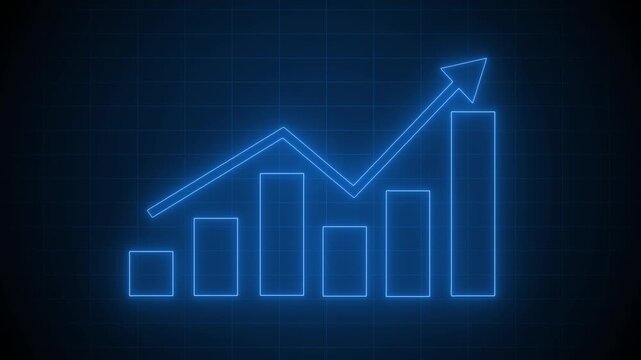 Glowing neon-style outline of a bar chart with five vertical bars and a downward arrow above animation