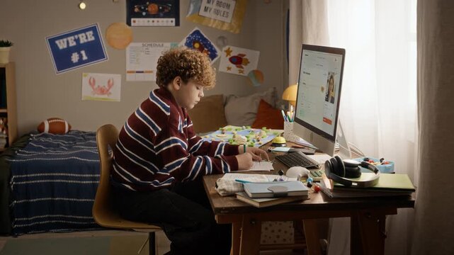 Caucasian teenage boy writing notes during online tutoring session on computer. Footage suitable for e learning promotions and educational technology campaigns